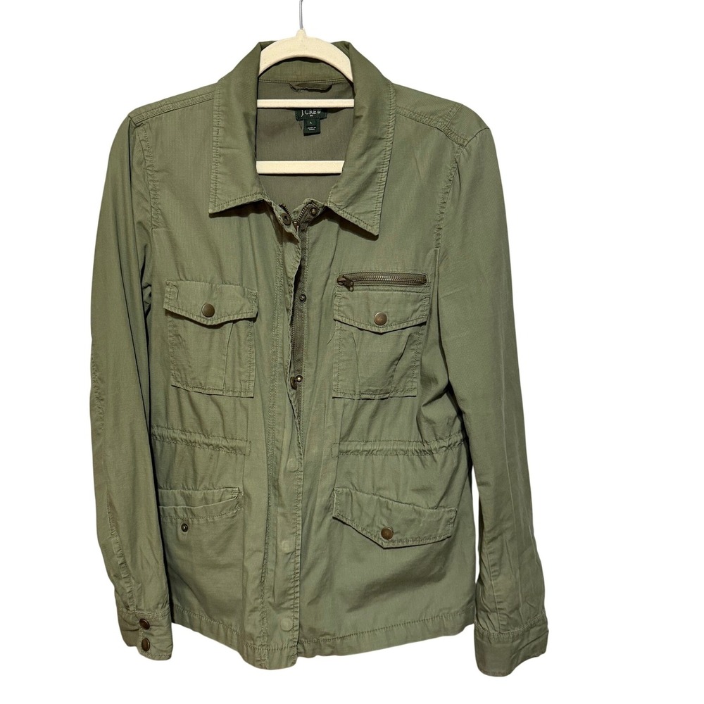 J Crew Utility Jacket Military Green Cargo Pockets Zip Snap Button Sz L